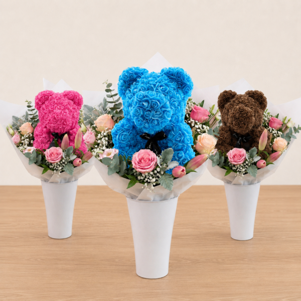 Roses eternelles Bouquet ours bleu (couleurs aux choix)