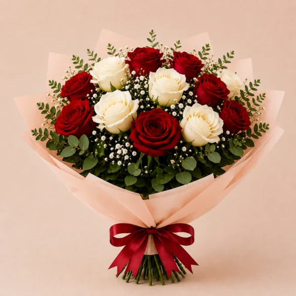 Bouquet de roses rouges et blanches (10-15-20 roses)